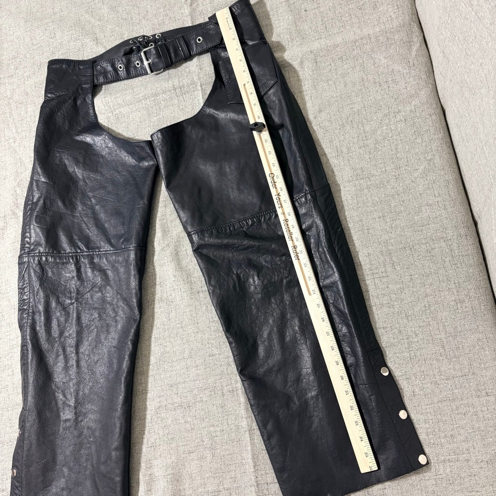 Hot Leathers Men Black Leather Motorcycle Chaps XL Biker Riding Gear Belted Snap - Picture 7 of 8